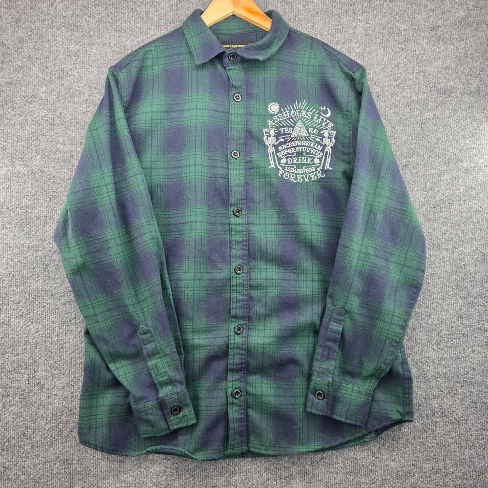 Assholes Live Forever Mens XL Green Blue‎ Plaid Ouija Skeleton Graphic Flannel